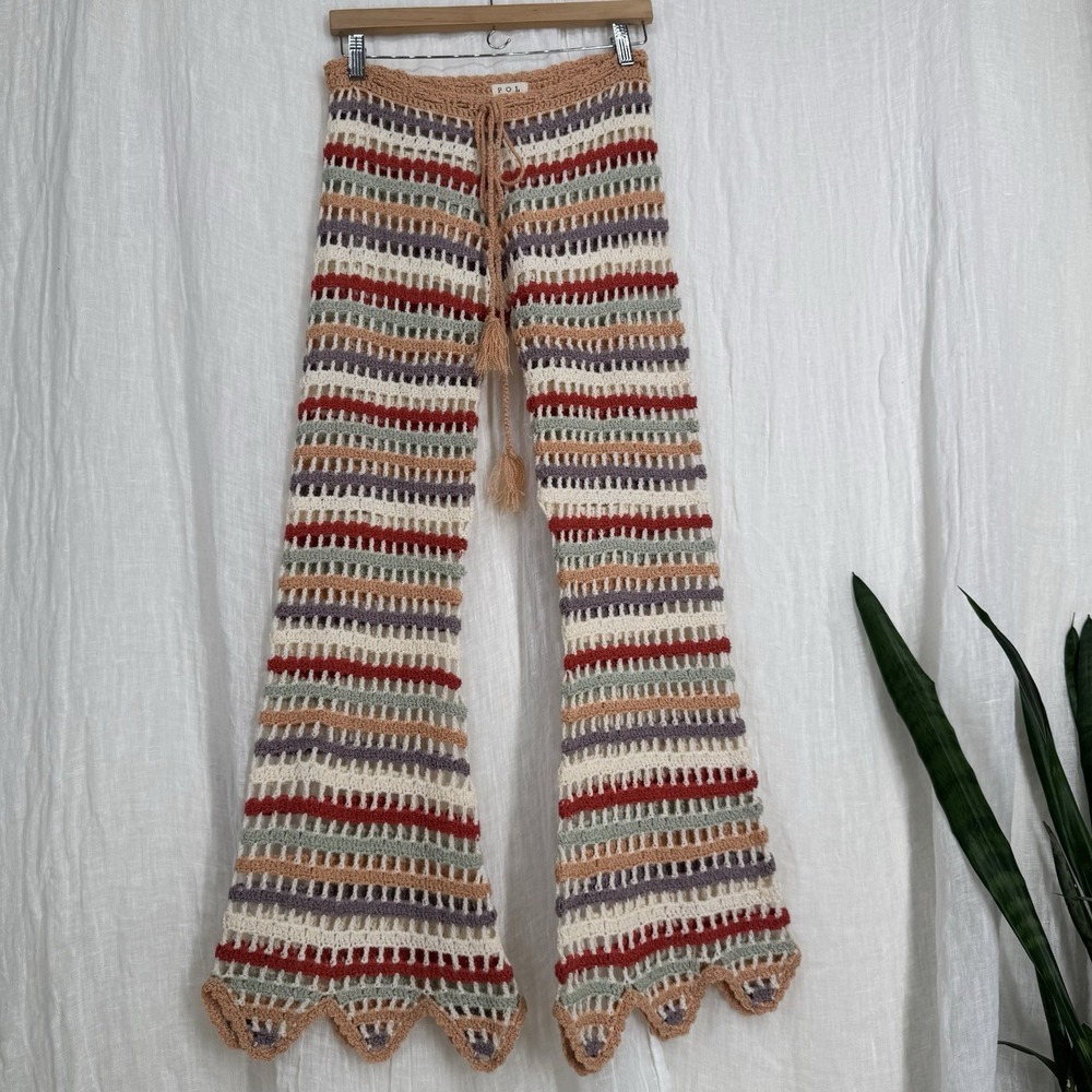 POL Striped Crochet Flare Pants in Cream, Rust, Tan & Gray